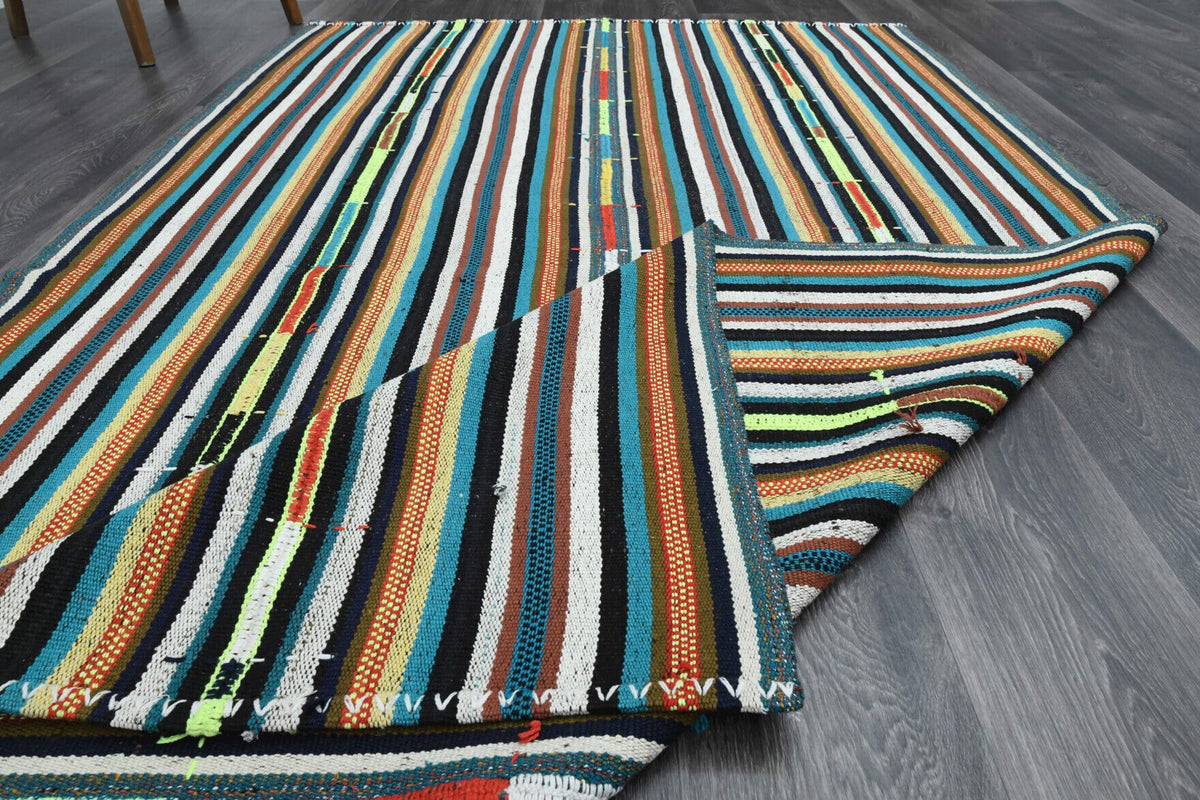 Pera Halı tek parça koleksiyonu: çizgili el dokuma vintage kilim, mavi ve turuncu