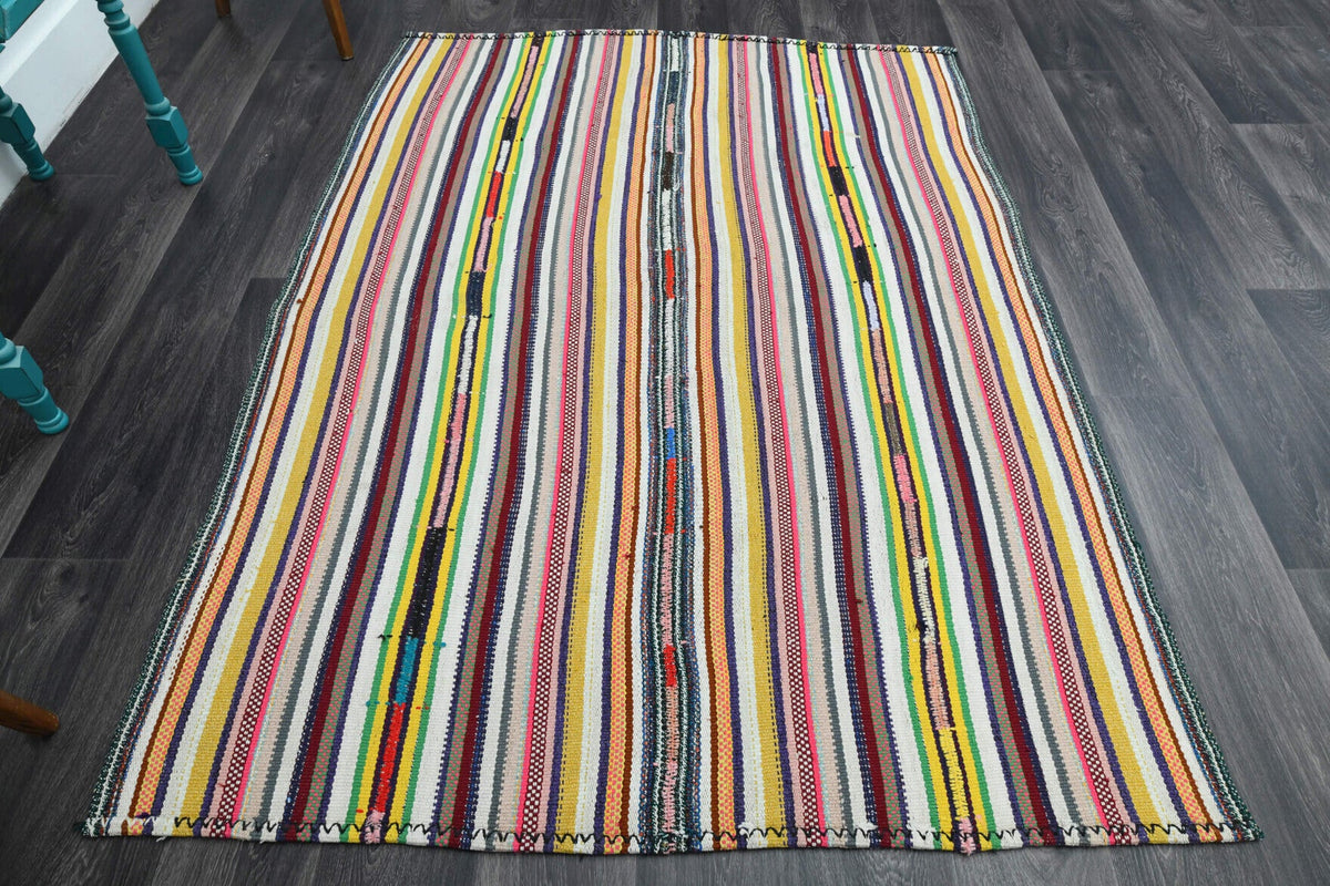 El yapımı vintage halı 150x208 cm çizgili desenli yün - detay görünümü