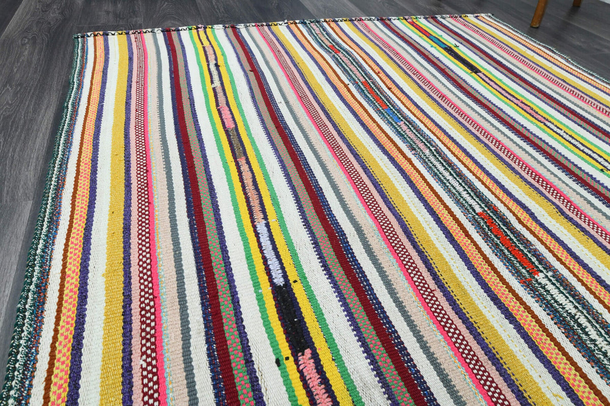El yapımı vintage halı 150x208 cm çizgili desenli yün - desen detayı