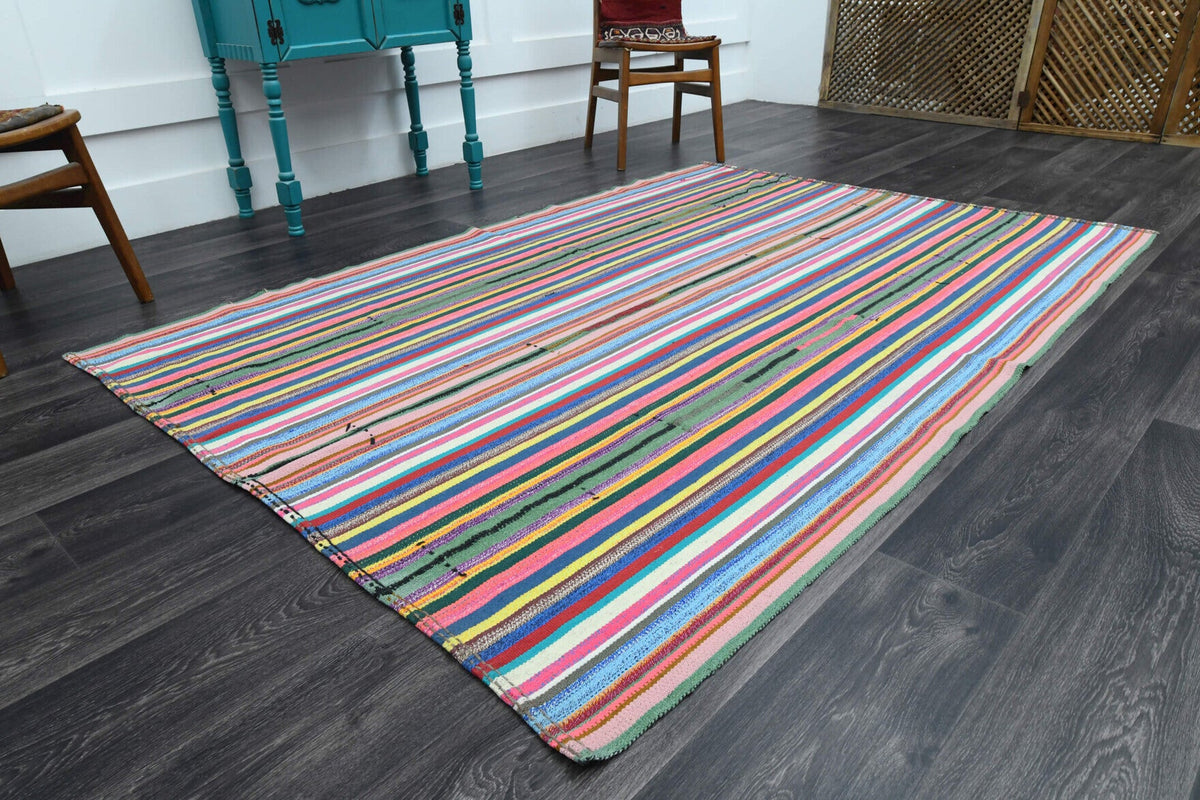 El yapımı vintage halı 157x239 cm çizgili desenli yün - yakın çekim doku detayı