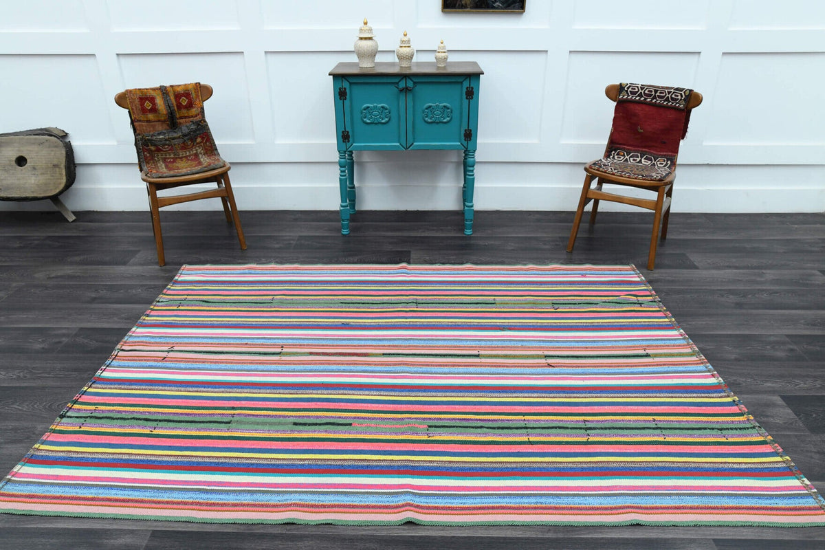 El yapımı vintage halı 157x239 cm çizgili desenli yün - kenar ve saçak detayı
