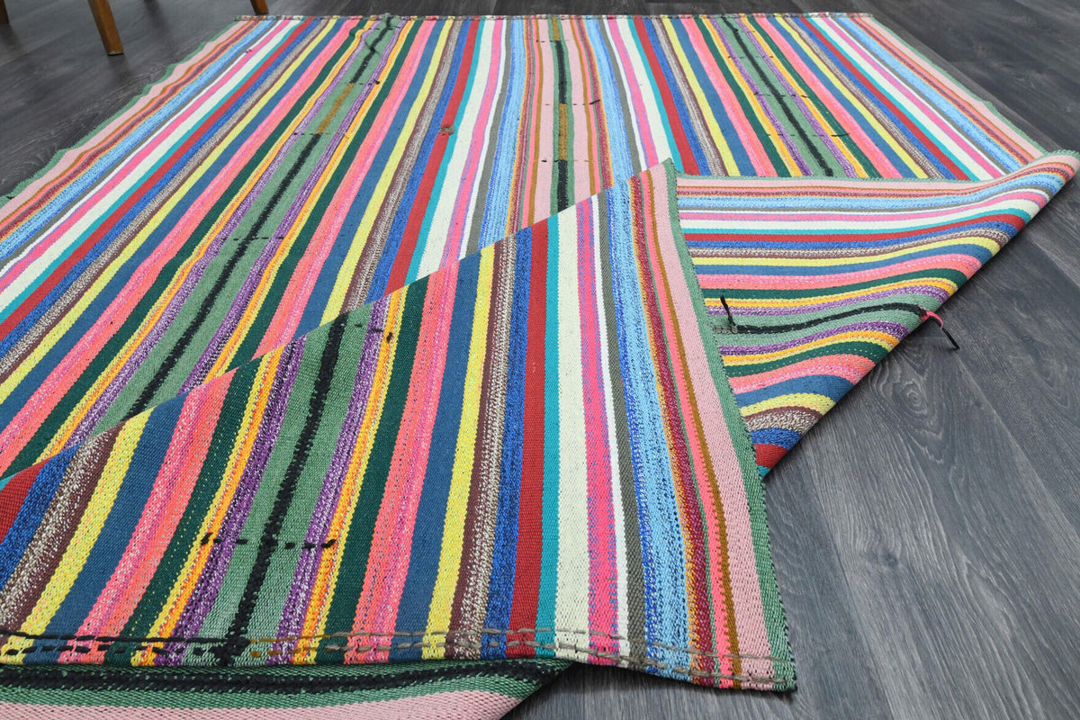 El yapımı vintage halı 157x239 cm çizgili desenli yün - üstten görünüm