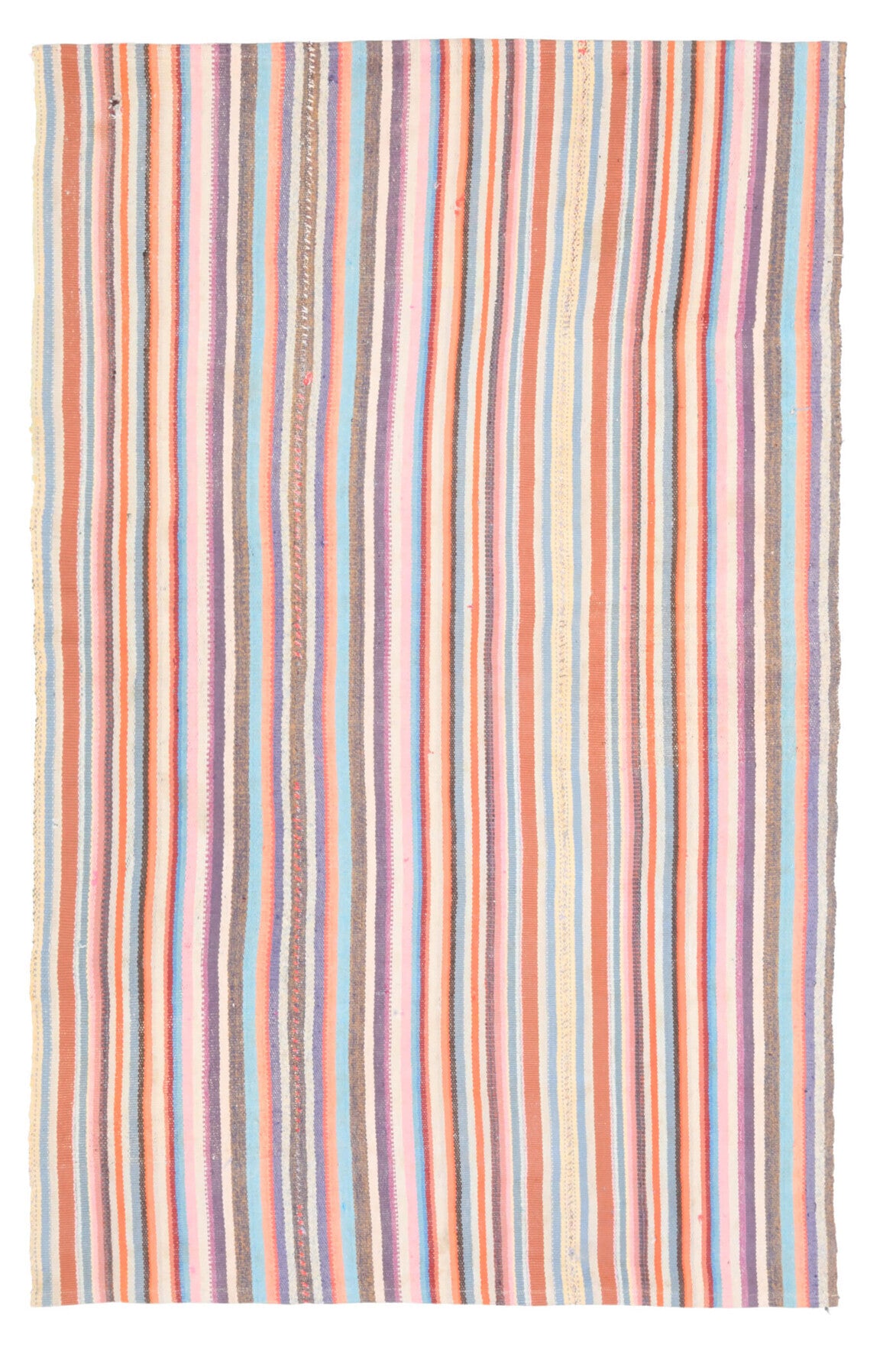 144x225 cm pembe, turuncu ve mavi çizgili el dokuma vintage kilim – üstten tam görünüm