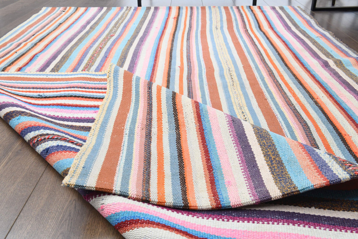 Pembe, turuncu ve mavi renkli el dokuma vintage kilim, %100 yün dokuma
