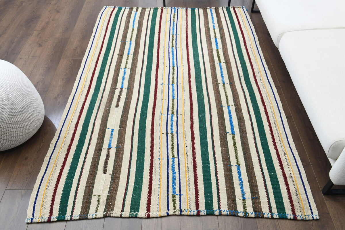 El yapımı vintage halı 150x226 cm çizgili desenli yün - detay görünümü