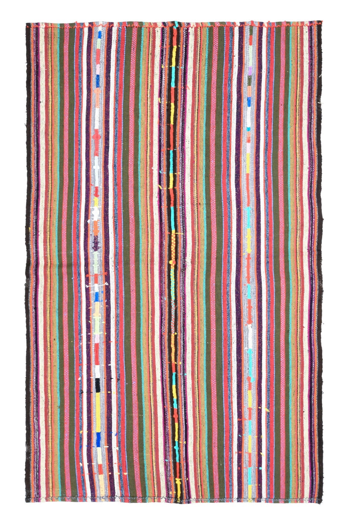 148x240 cm pembe, kırmızı ve turuncu çizgili el dokuma vintage kilim – üstten tam görünüm