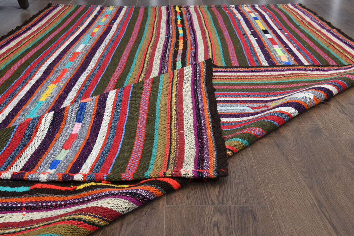 Pembe, kırmızı ve turuncu renkli el dokuma vintage kilim, %100 yün hav, kumaş taban