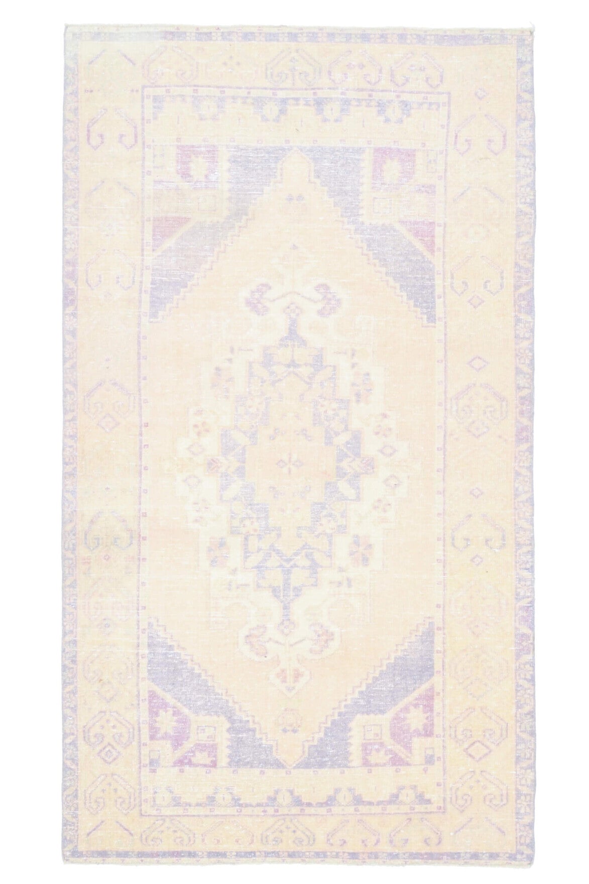 125x202 cm beyaz ve bej oryantal desenli el dokuma vintage halı – üstten tam görünüm