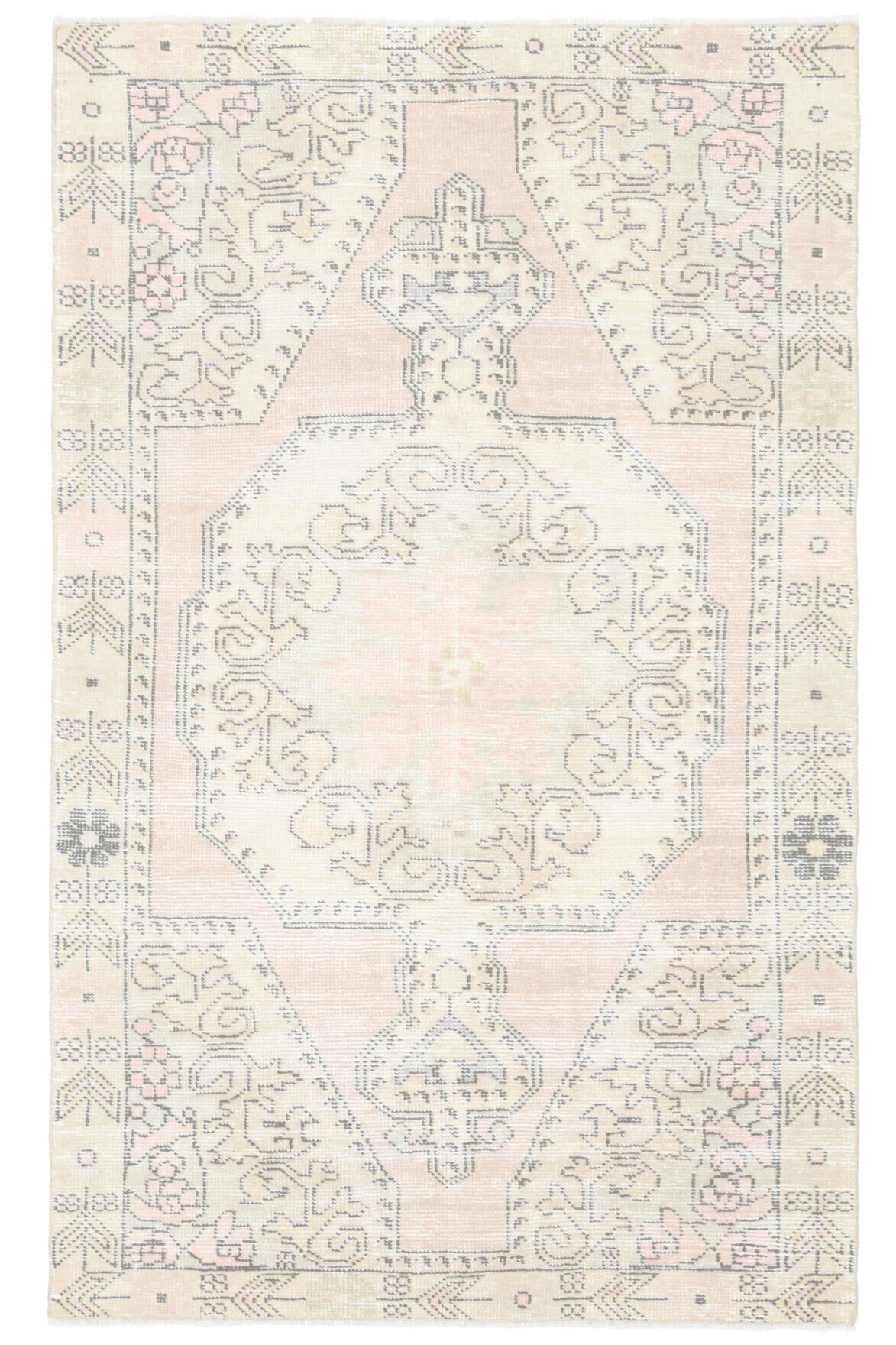130x211 cm beyaz oryantal desenli el dokuma vintage halı – üstten tam görünüm