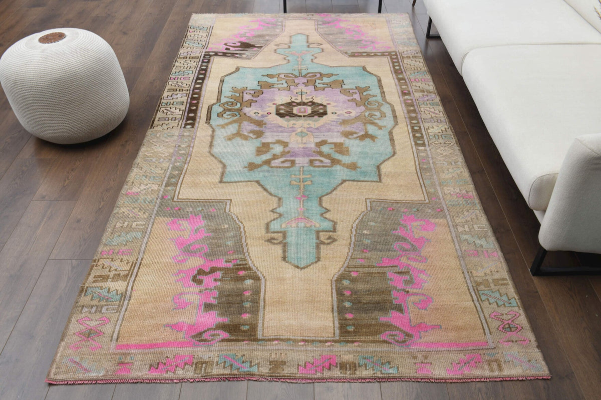 El yapımı vintage halı 122x274 cm oryantal desenli yün - detay görünümü