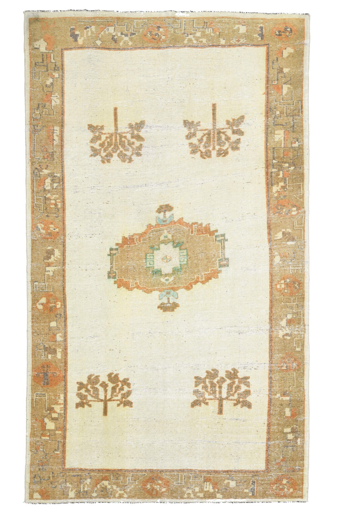 191x327 cm bej ve turuncu oryantal desenli el dokuma vintage halı – üstten tam görünüm