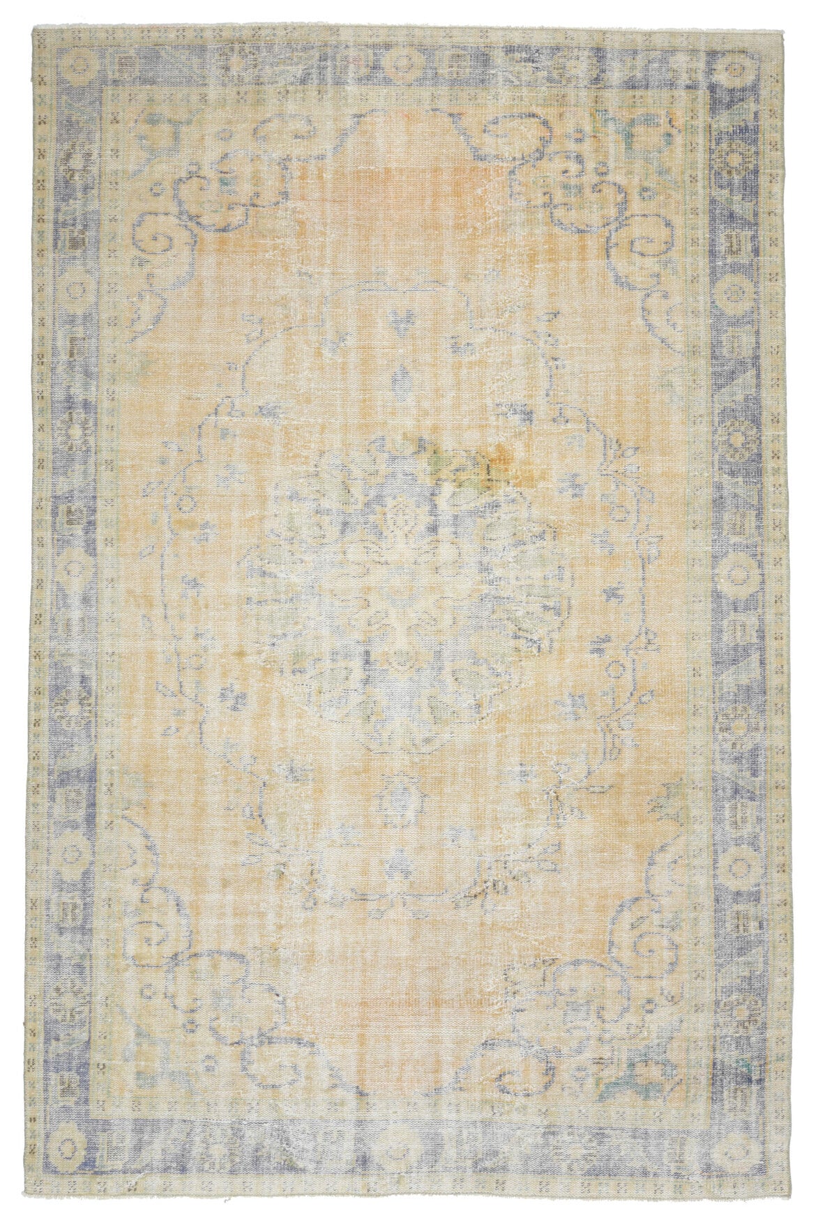 209x317 cm bej, turuncu ve gri oryantal desenli el dokuma vintage halı – üstten tam görünüm
