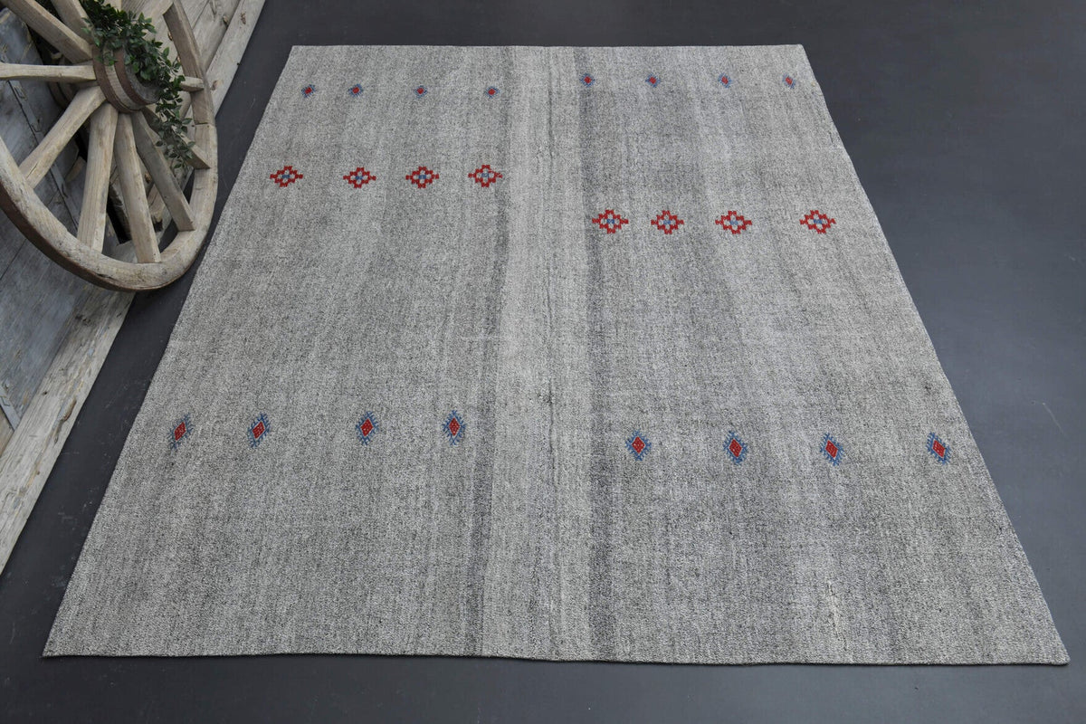 El yapımı vintage halı 213x287 cm puantiye desenli yün - detay görünümü