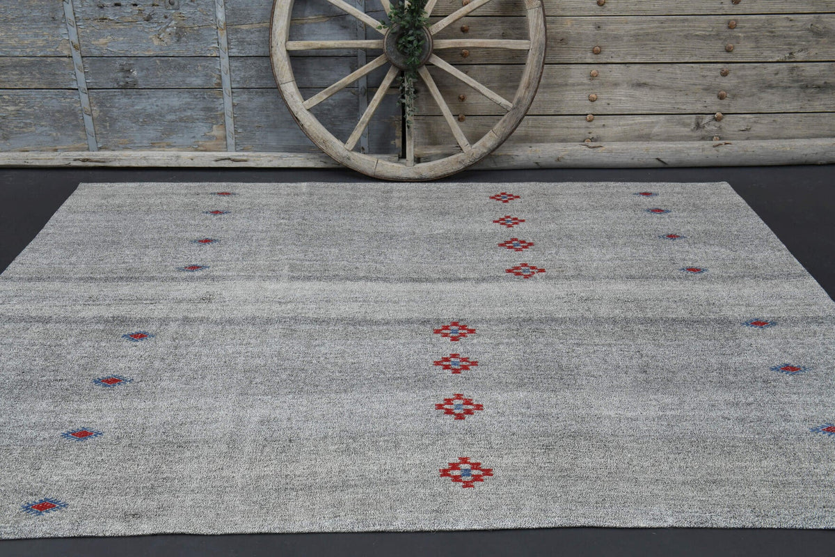 Gri renkli el dokuma vintage kilim, %100 yün dokuma