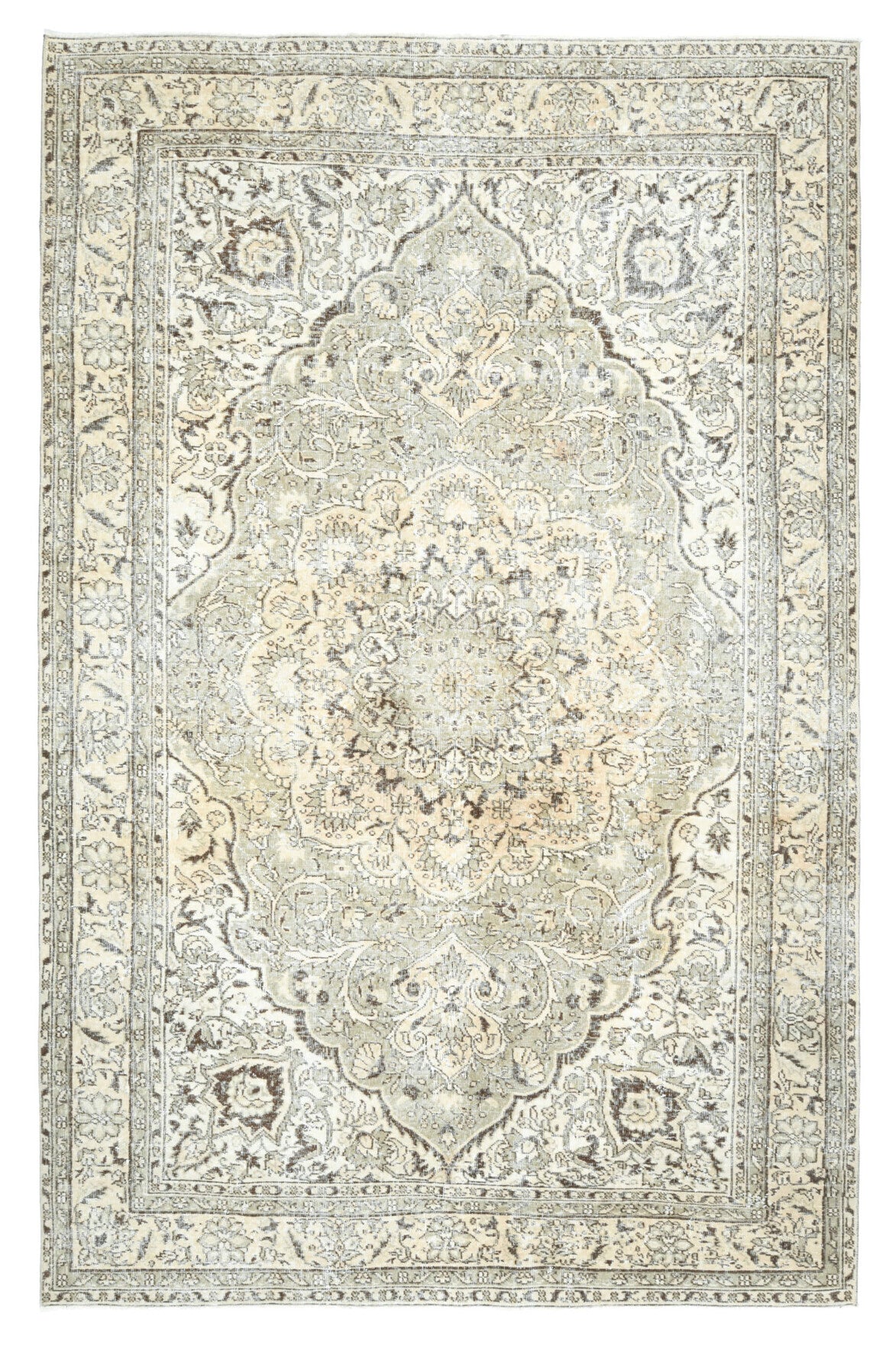204x327 cm bej, beyaz ve gri oryantal desenli el dokuma vintage halı – üstten tam görünüm