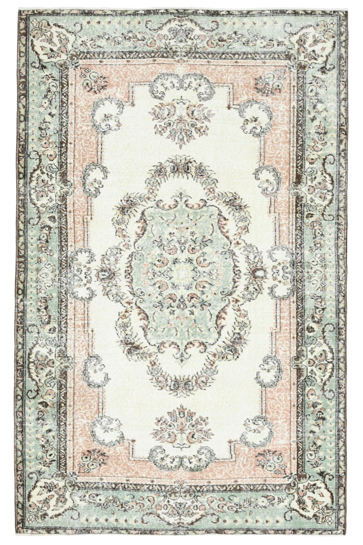 El yapımı vintage halı 152x244 cm madalyonlu desenli yün - detay görünümü