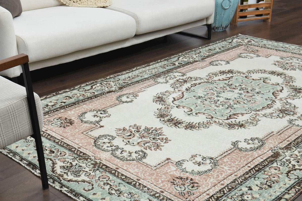 El yapımı vintage halı 152x244 cm madalyonlu desenli yün