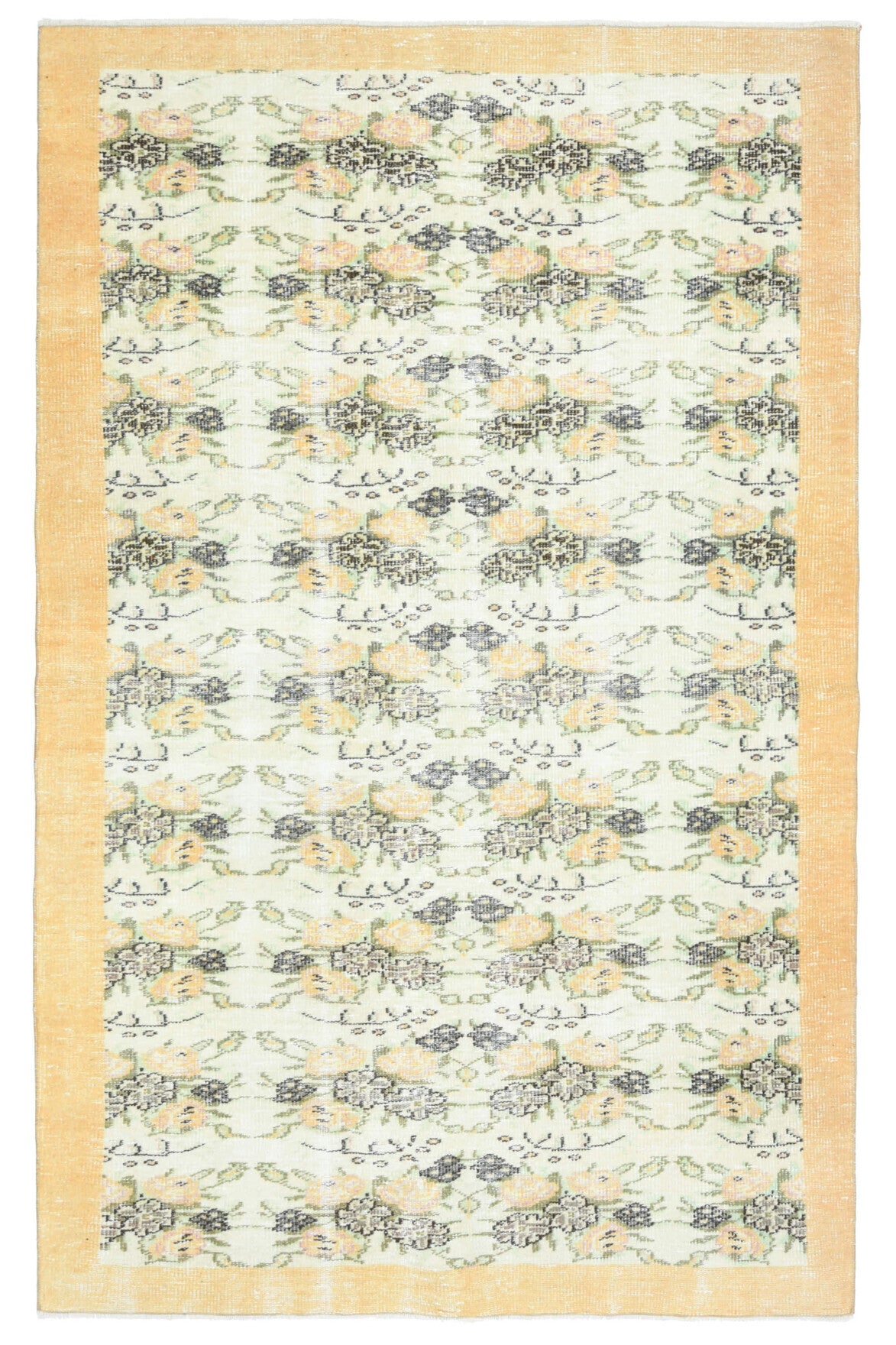 162x265 cm bej, beyaz ve turuncu oryantal desenli el dokuma vintage halı – üstten tam görünüm