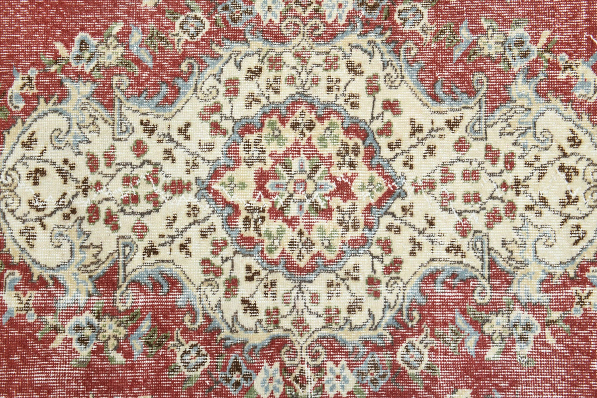 Bej, turuncu ve pembe renkli el dokuma vintage halı, yün hav, pamuk taban
