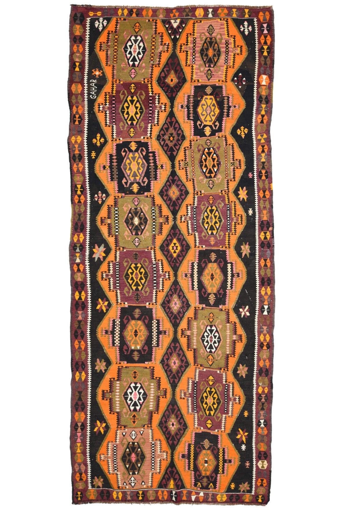 148x372 cm turuncu, kırmızı ve kahverengi oryantal desenli vintage kilim yolluk – üstten tam görünüm