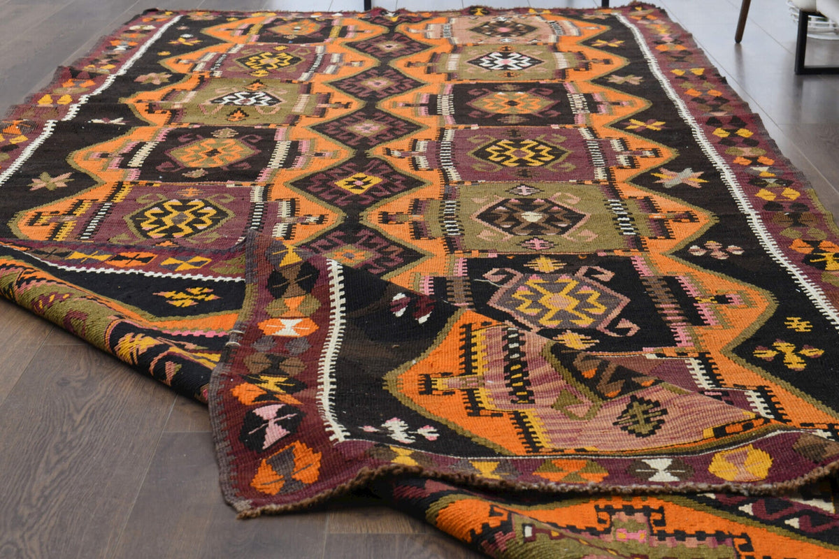 Turuncu, kırmızı ve kahverengi renkli vintage kilim yolluk, %100 yün dokuma
