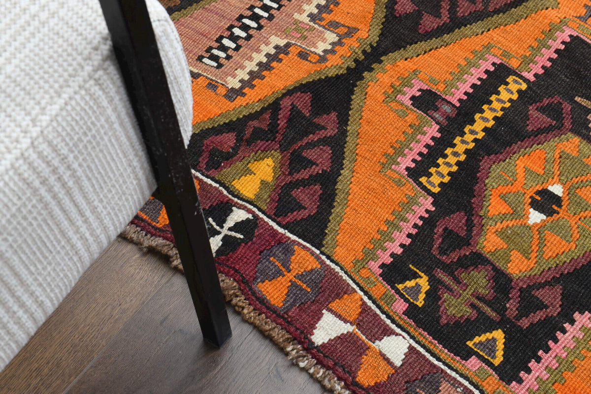 Antre ve koridor için oryantal desenli vintage kilim yolluk – 148x372 cm