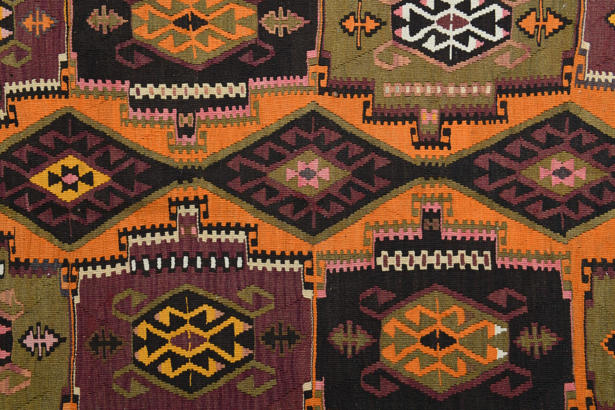 Vintage yolluk 148x372 cm – turuncu, kırmızı ve kahverengi oryantal desenli, el dokuma