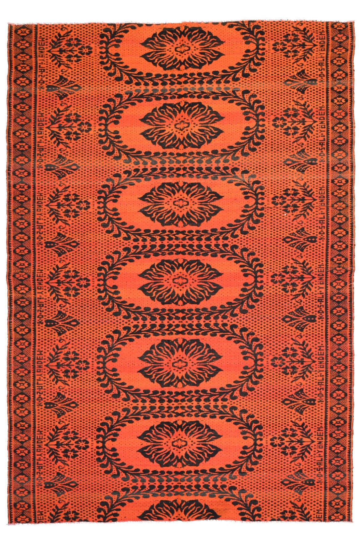 186x272 cm kırmızı, turuncu ve kahverengi oryantal desenli el dokuma vintage halı – üstten tam görünüm