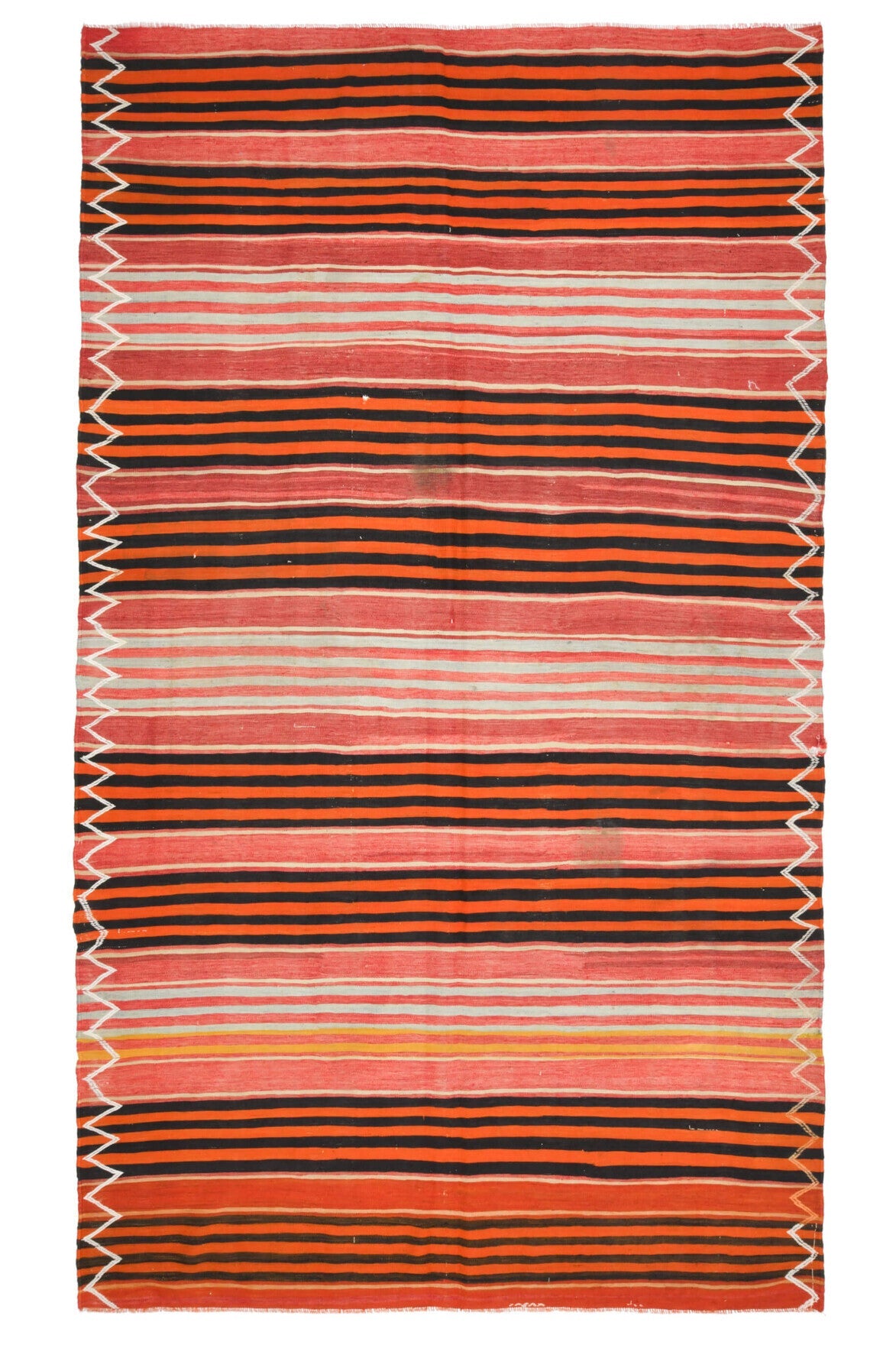 188x326 cm turuncu, kırmızı ve kahverengi çizgili el dokuma vintage kilim – üstten tam görünüm