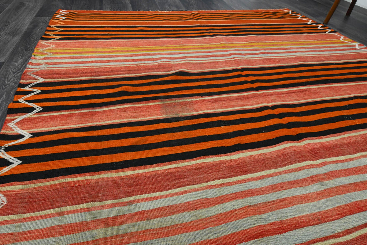 Turuncu, kırmızı ve kahverengi renkli el dokuma vintage kilim, %100 yün dokuma