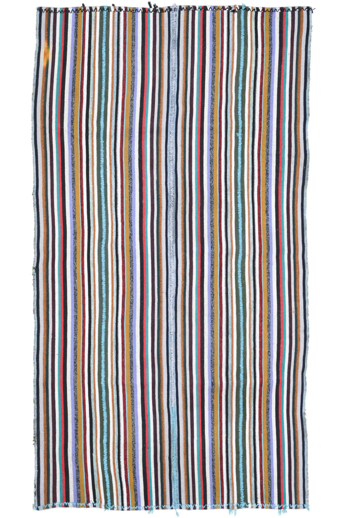 156x284 cm mavi ve kırmızı çizgili el dokuma vintage kilim – üstten tam görünüm