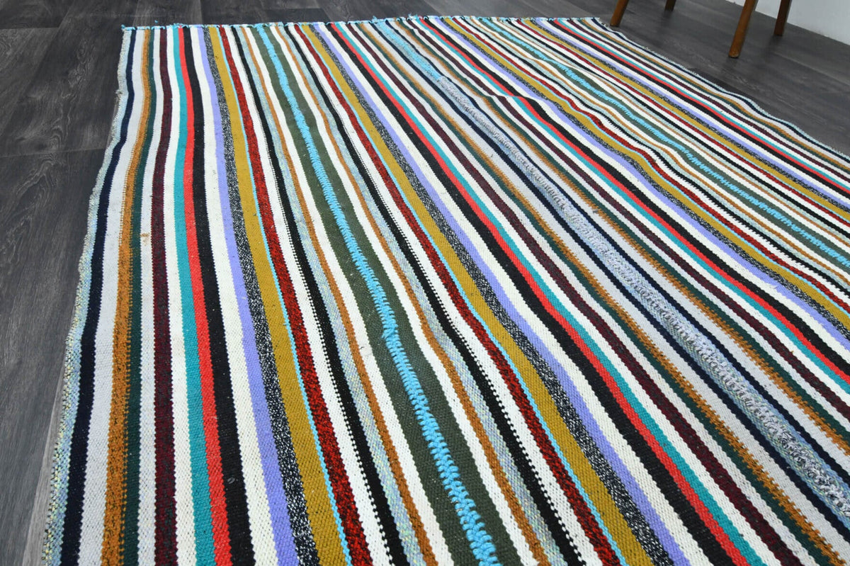 Mavi ve kırmızı renkli el dokuma vintage kilim, %100 yün dokuma