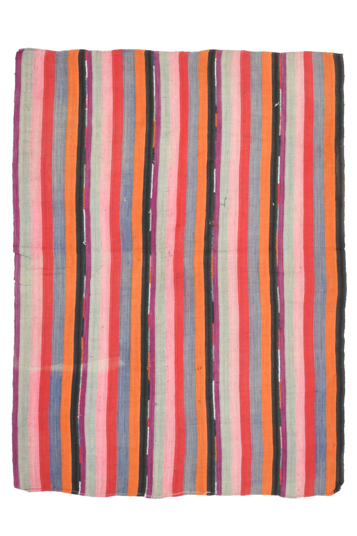 187x250 cm pembe, turuncu ve kırmızı çizgili el dokuma vintage kilim – üstten tam görünüm