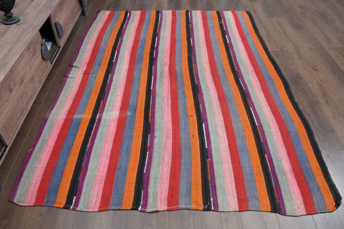 1960'lardan Anadolu kökenli çizgili el dokuma vintage kilim, 187x250 cm