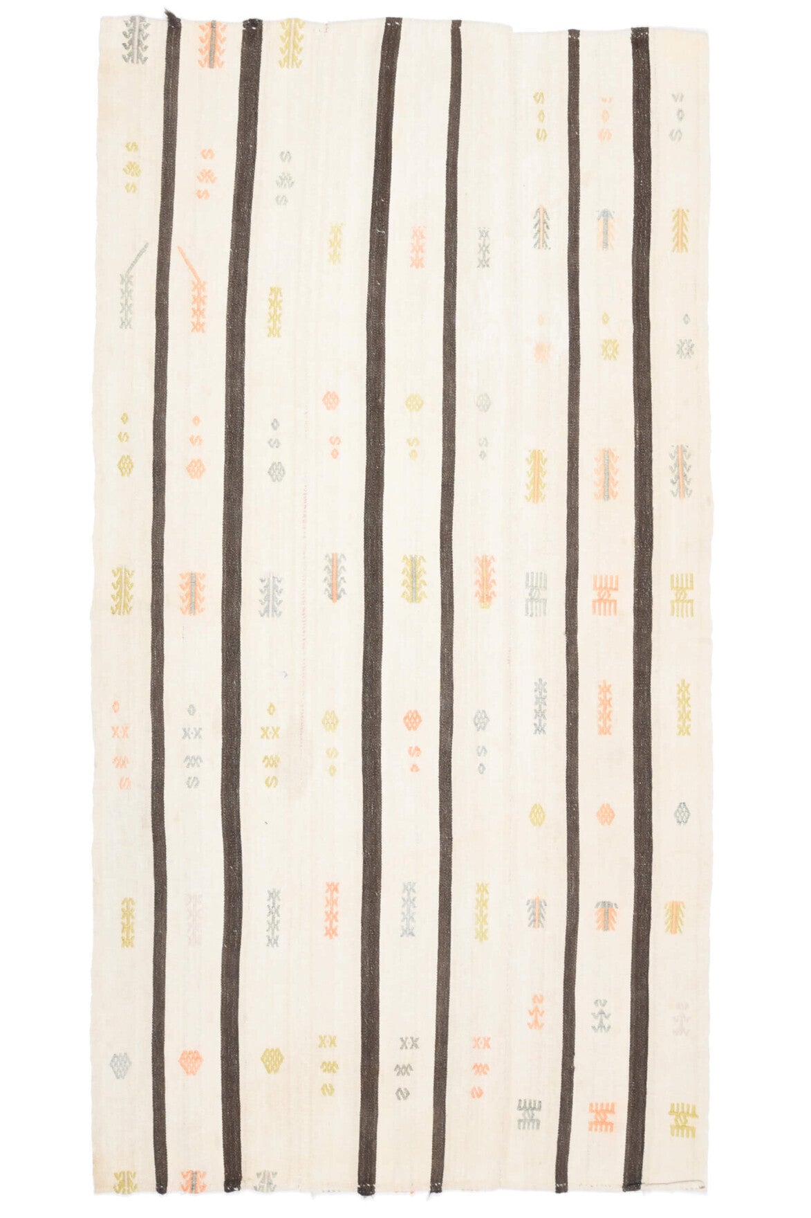 146x274 cm beyaz, bej ve kahverengi çizgili el dokuma vintage kilim – üstten tam görünüm