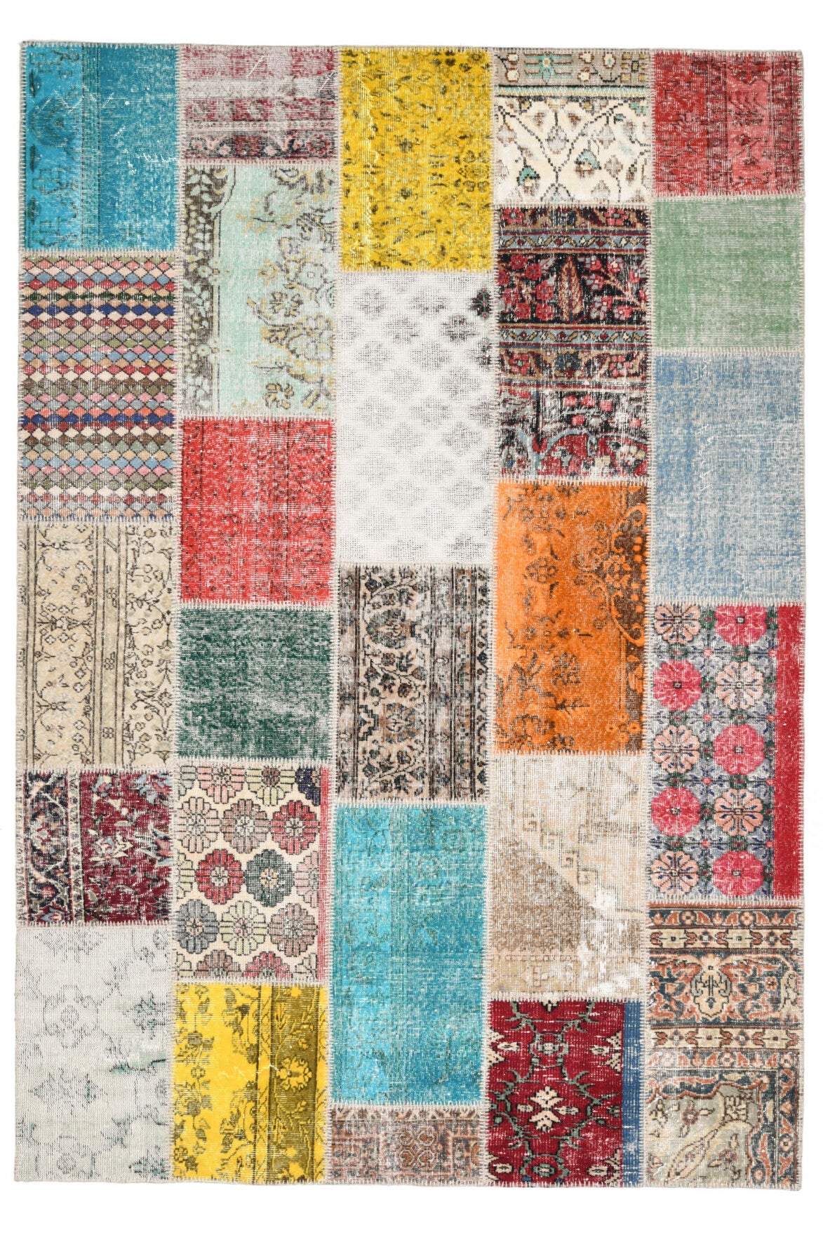 202x298 cm turuncu, bej ve mavi düz zeminli patchwork vintage halı – üstten tam görünüm