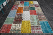1960'lardan Anadolu kökenli düz zeminli patchwork vintage halı, 202x298 cm