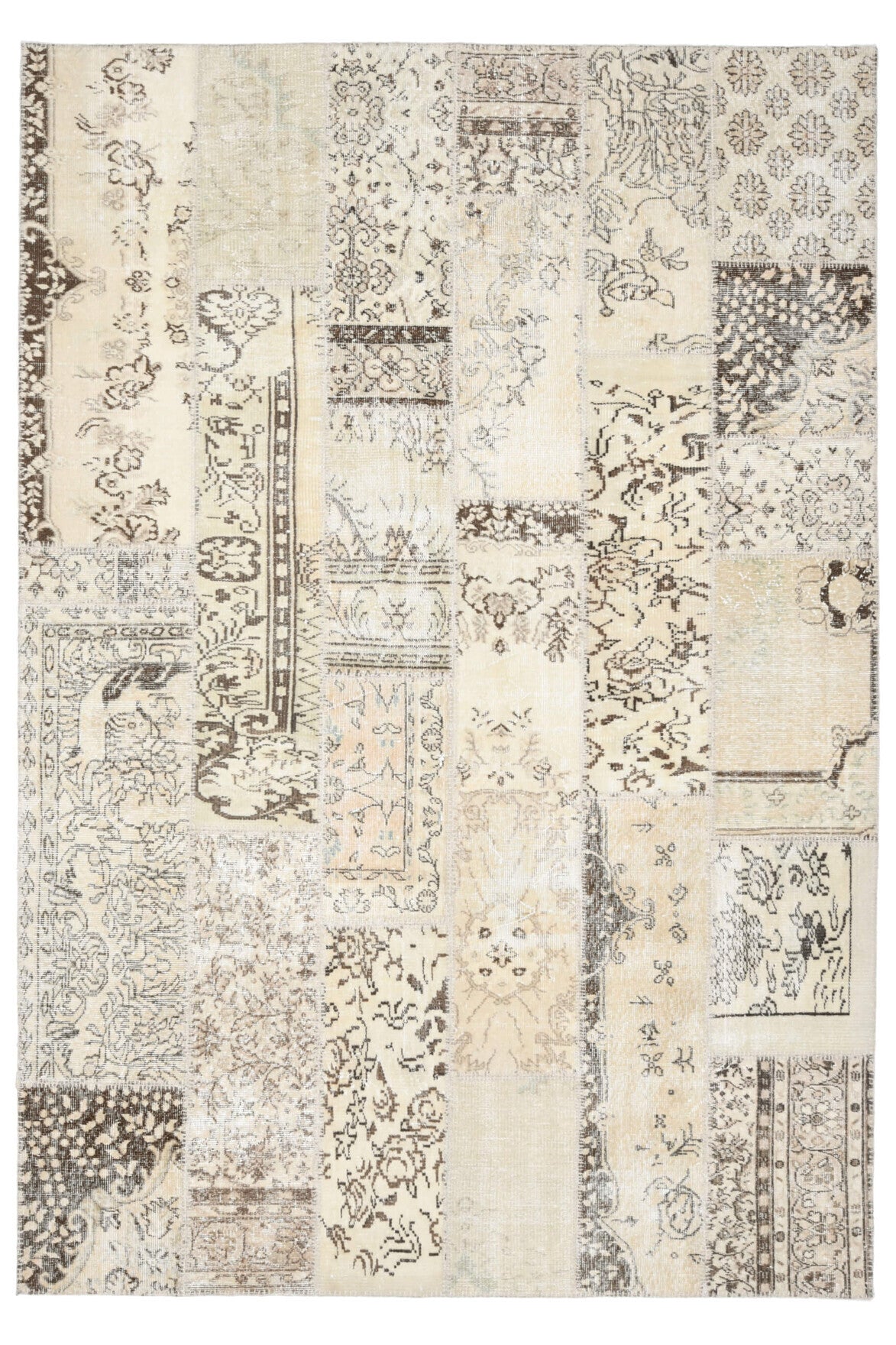 203x298 cm bej ve turuncu oryantal desenli patchwork vintage halı – üstten tam görünüm
