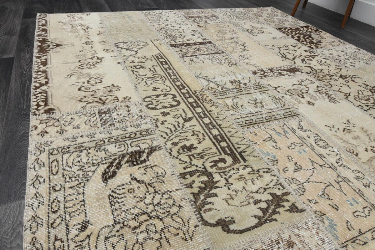 Bej ve turuncu renkli patchwork vintage halı, yün hav, kumaş taban