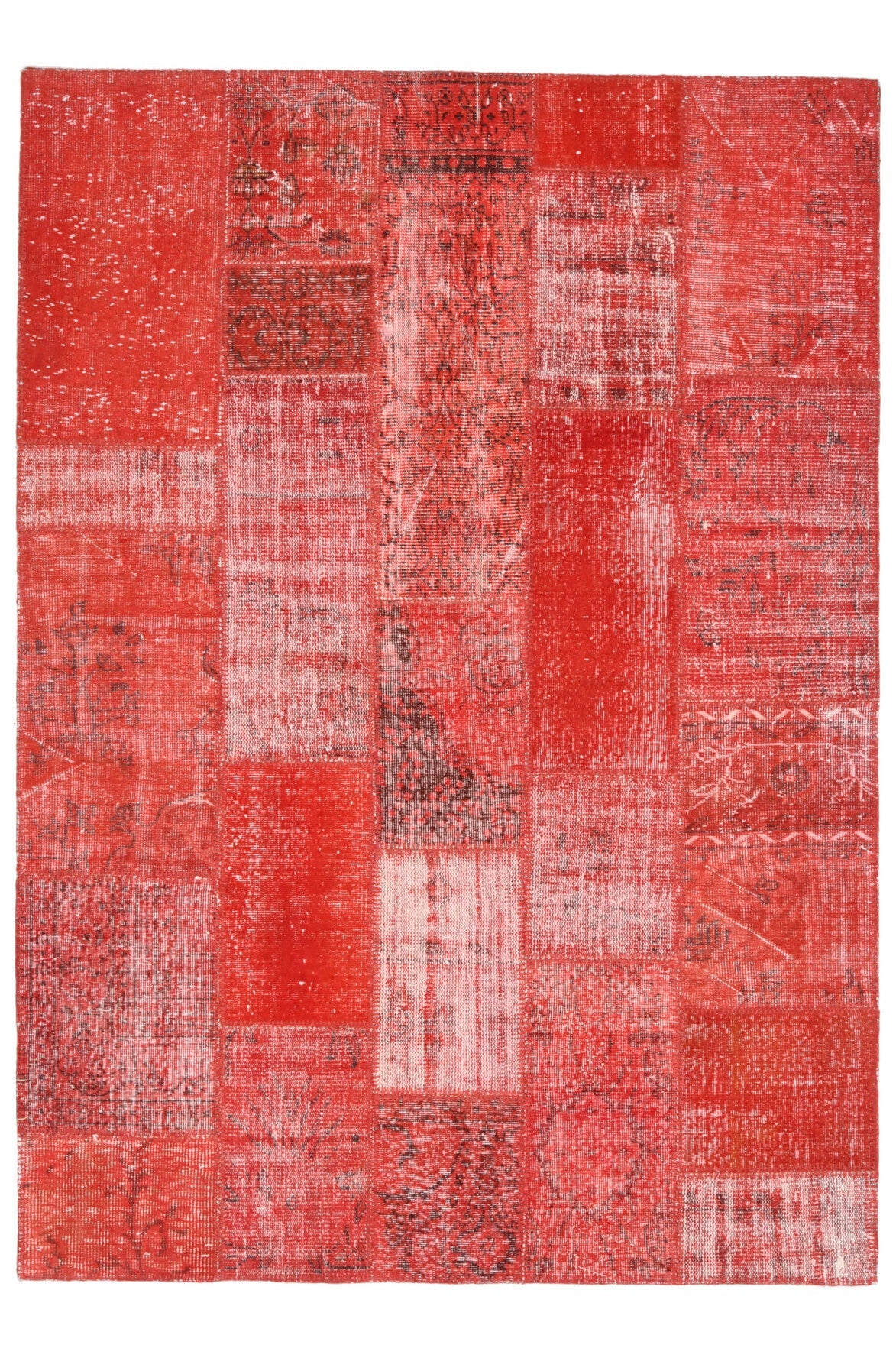 172x243 cm kırmızı ve pembe düz zeminli patchwork vintage halı – üstten tam görünüm