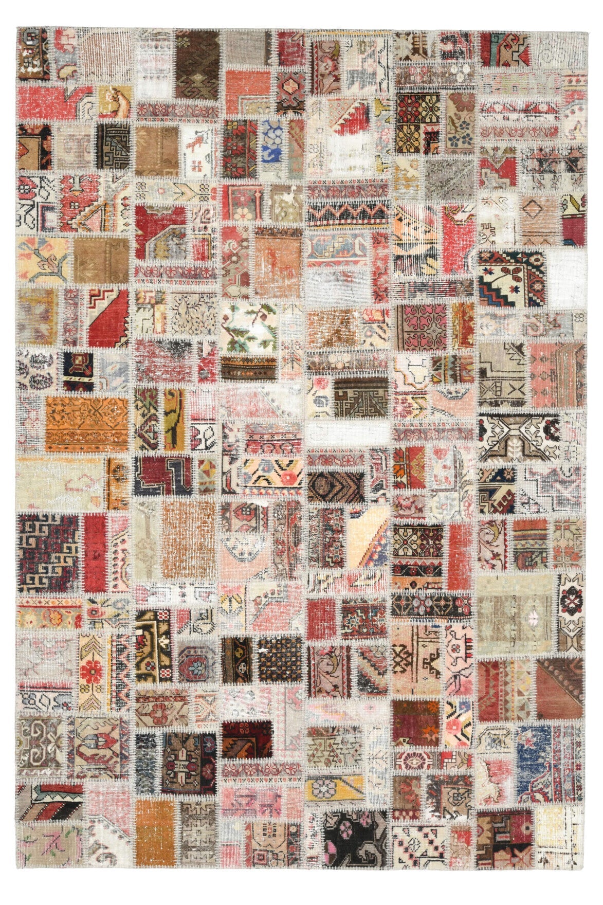 202x302 cm turuncu ve bej düz zeminli patchwork vintage halı – üstten tam görünüm
