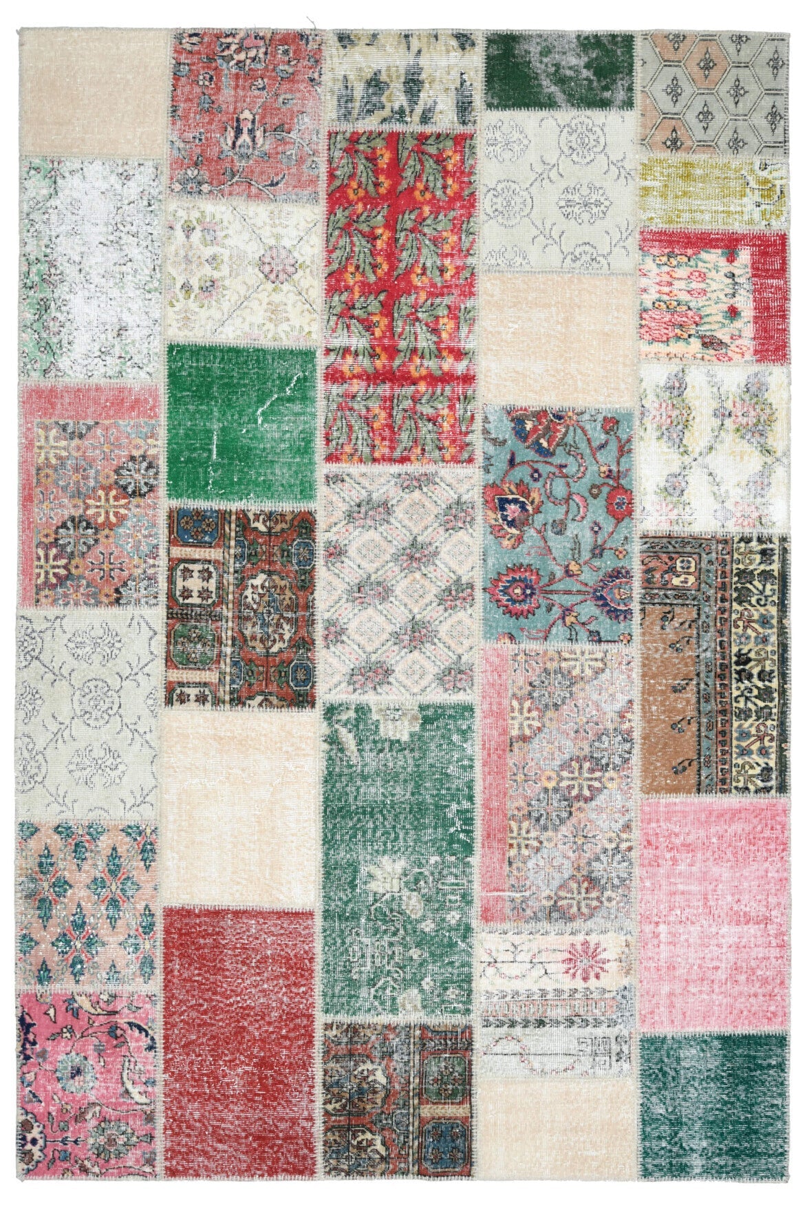 200x299 cm beyaz, bej ve pembe patchwork tasarım desenli patchwork vintage halı – üstten tam görünüm