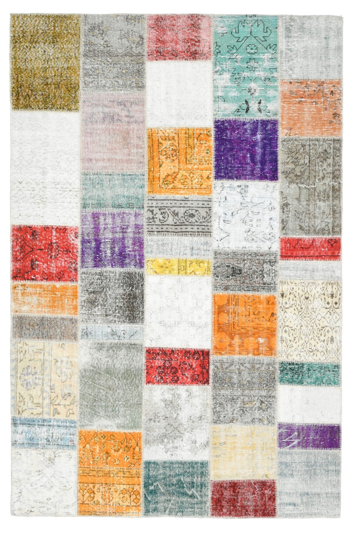 199x306 cm beyaz, gri ve turuncu oryantal desenli patchwork vintage halı – üstten tam görünüm