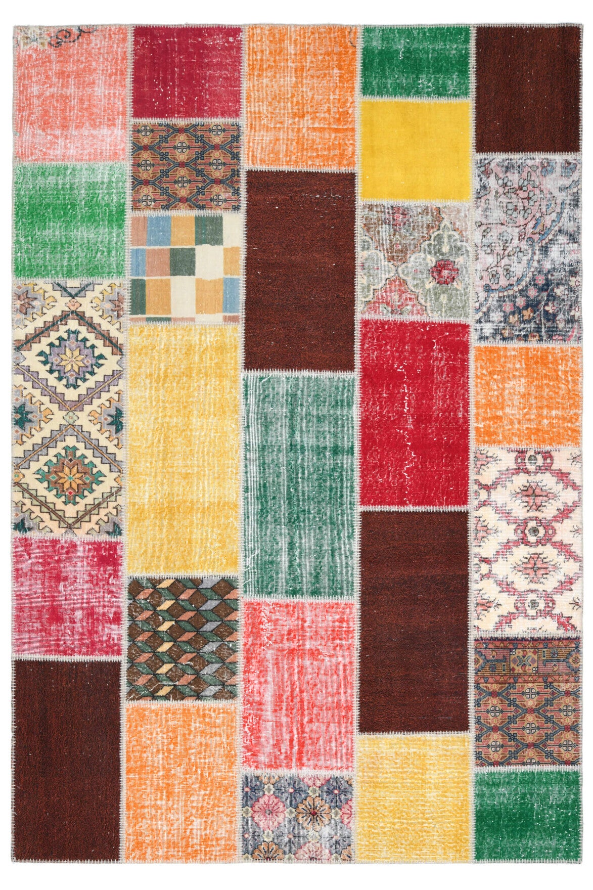 202x297 cm kırmızı ve turuncu düz zeminli patchwork vintage halı – üstten tam görünüm