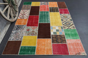 1960'lardan Anadolu kökenli düz zeminli patchwork vintage halı, 202x297 cm