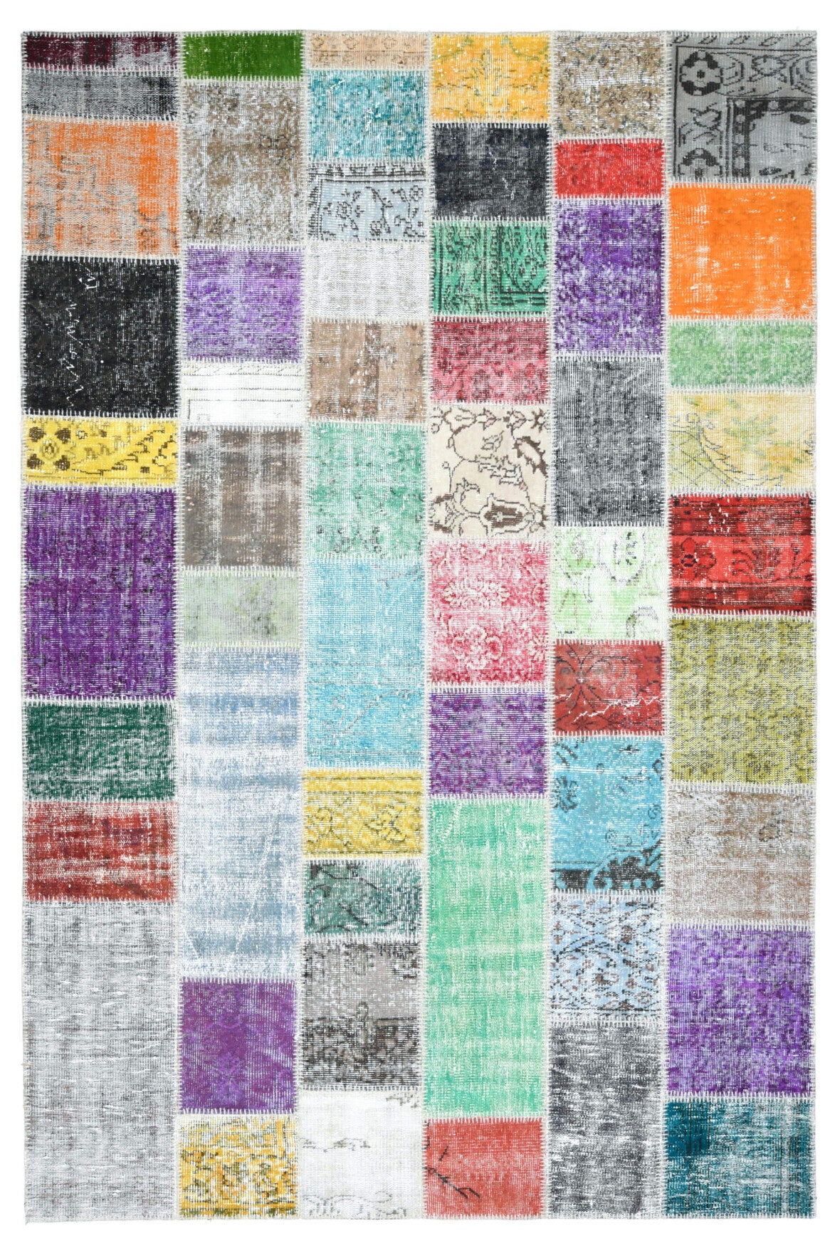 196x294 cm gri, mavi ve beyaz oryantal desenli patchwork vintage halı – üstten tam görünüm