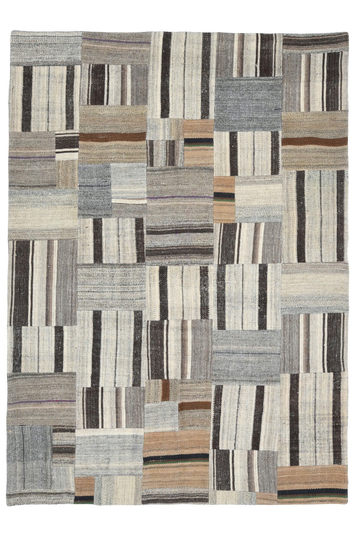 185x258 cm bej, gri ve kahverengi oryantal desenli el dokuma vintage kilim – üstten tam görünüm