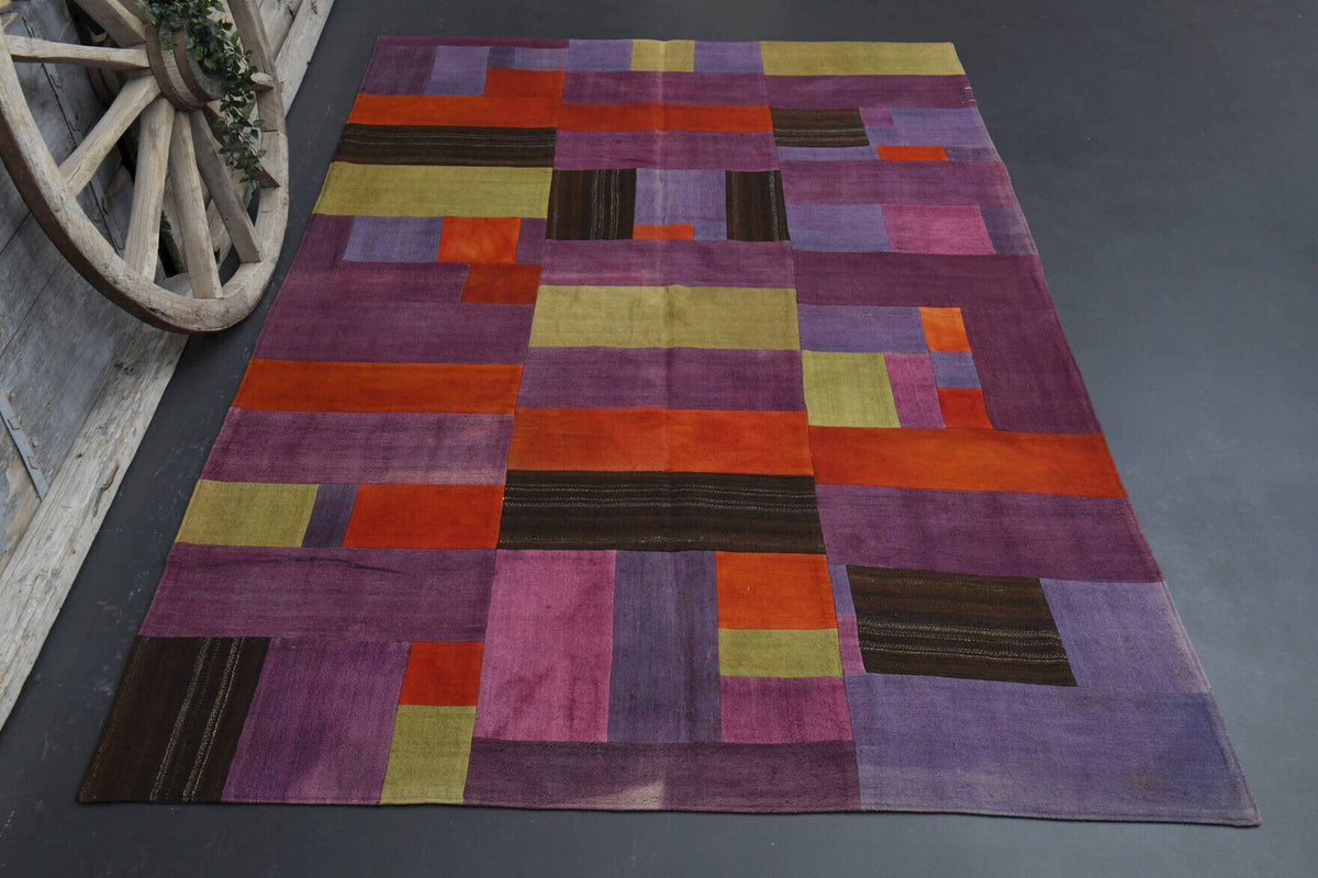 El yapımı vintage halı 193x295 cm blok desenli desenli yün - detay görünümü