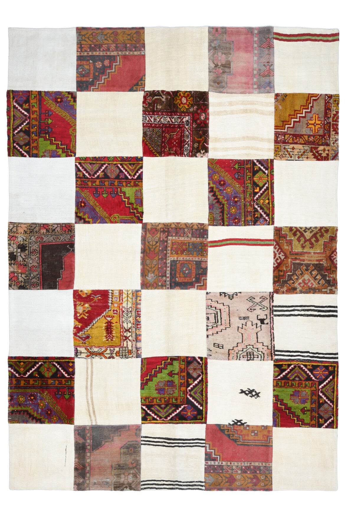 200x283 cm beyaz, kırmızı ve kahverengi oryantal desenli el dokuma vintage kilim – üstten tam görünüm