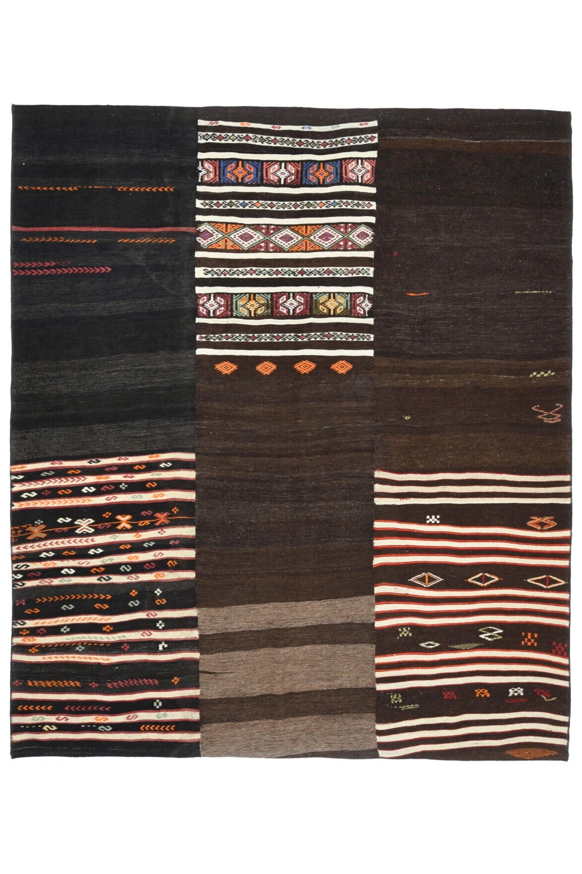 199x231 cm kahverengi, siyah ve kırmızı oryantal desenli el dokuma vintage kilim – üstten tam görünüm
